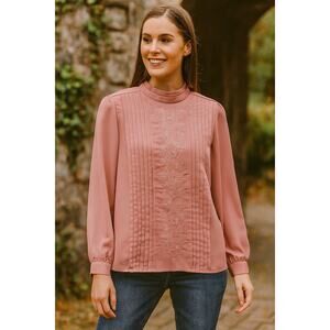 Diversity Mauve Embroidered Blouse Size 10 Long Sleeve Pleated Front Mock Neck